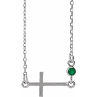 Sterling Silver Lab-Grown Emerald Sideways Cross 16-18" Necklace