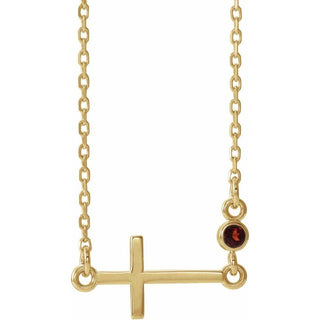 14K Yellow Natural Mozambique Garnet Sideways Cross 16-18" Necklace