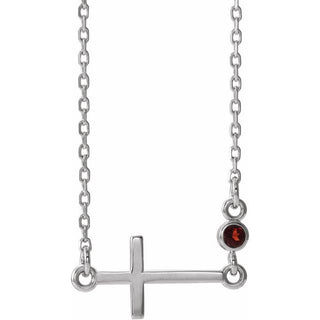 14K White Natural Mozambique Garnet Sideways Cross 16-18" Necklace