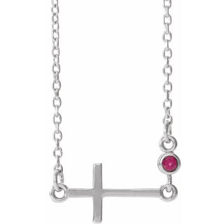14K White Natural Ruby Sideways Cross 16-18" Necklace