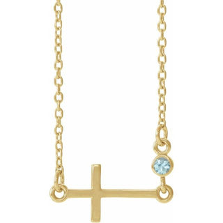 14K Yellow Natural Blue Zircon Sideways Cross 16-18" Necklace