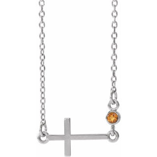 14K White Natural Citrine Sideways Cross 16-18" Necklace
