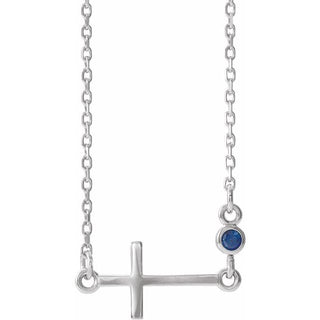 14K White Natural Blue Sapphire Sideways Cross 16-18" Necklace