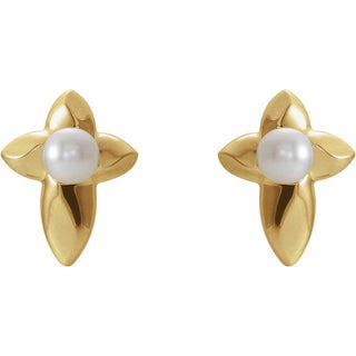 14K Yellow Cultured White Freshwater Pearl Cross Earrings