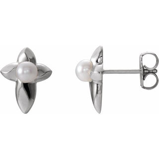 14K White Cultured White Freshwater Pearl Cross Earrings
