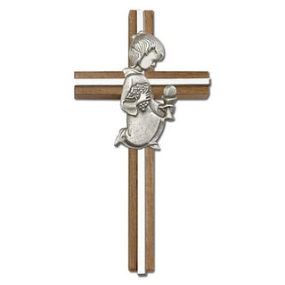 6 inch Communion Girl Cross, Walnut with Antique Silver inlay