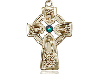 14kt Gold Filled Celtic Cross with Emerald Stone Pendant with a 3mm Emerald Swarovski stone on an 18-inch Gold Filled Light Curb Chain