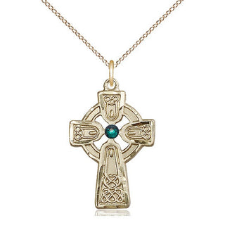 14kt Gold Filled Celtic Cross with Emerald Stone Pendant with 3mm Emerald Swarovski Necklace