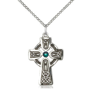 Sterling Silver Celtic Cross with Emerald Stone Pendant with 3mm Emerald Swarovski stone Necklace