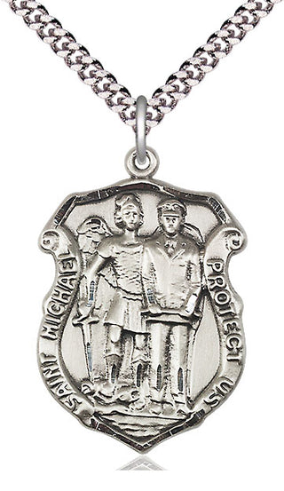 Pewter Saint Michael the Archangel Police Shield Medal Catholic Jewelry Engraved Catholic Saint Jewelry