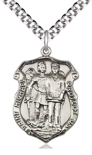 Pewter Saint Michael the Archangel Police Shield Medal Catholic Jewelry Engraved Catholic Saint Jewelry