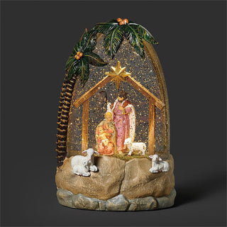 8.5-Inch Lighted Swirl Palm Tree With Holy Family - Plug-In Cord