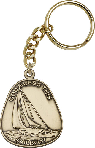 Gold Oxide God Bless This Sailboat Keychain