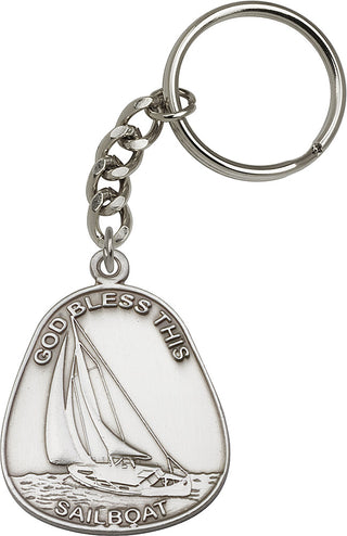 Silver Oxide God Bless This Sailboat Keychain
