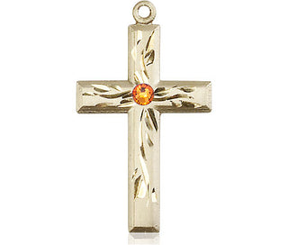 14kt Gold Filled Cross Pendant with a 3mm Topaz Swarovski stone on an 18-inch Gold Filled Light Curb Chain
