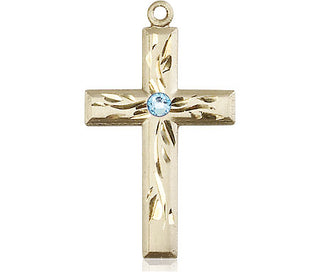 14kt Gold Filled Cross Pendant with a 3mm Aqua Swarovski stone on an 18-inch Gold Filled Light Curb Chain