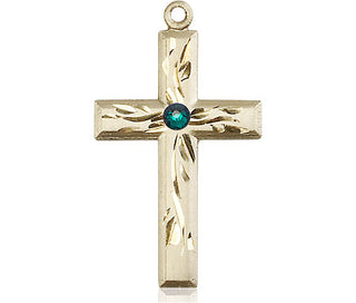 14kt Gold Filled Cross Pendant with a 3mm Emerald Swarovski stone on an 18-inch Gold Filled Light Curb Chain