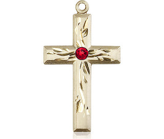 14kt Gold Filled Cross Pendant with a 3mm Ruby Swarovski stone on an 18-inch Gold Filled Light Curb Chain