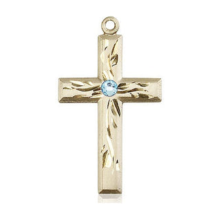 14kt Gold Cross Medal with a 3mm Aqua Swarovski stone