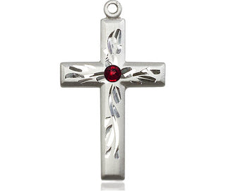 Sterling Silver Cross Pendant with a 3mm Garnet Swarovski stone on an 18-inch Sterling Silver Light Curb Chain