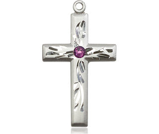 Sterling Silver Cross Pendant with a 3mm Amethyst Swarovski stone on an 18-inch Sterling Silver Light Curb Chain