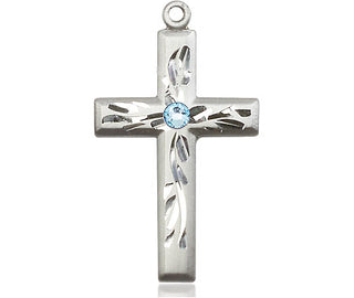 Sterling Silver Cross Pendant with a 3mm Aqua Swarovski stone on an 18-inch Sterling Silver Light Curb Chain