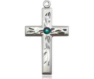 Sterling Silver Cross Pendant with a 3mm Emerald Swarovski stone on an 18-inch Sterling Silver Light Curb Chain