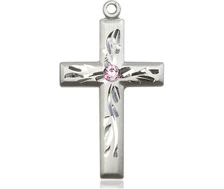 Sterling Silver Cross Pendant with a 3mm Light Amethyst Swarovski stone on an 18-inch Sterling Silver Light Curb Chain