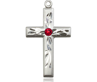 Sterling Silver Cross Pendant with a 3mm Ruby Swarovski stone on an 18-inch Sterling Silver Light Curb Chain