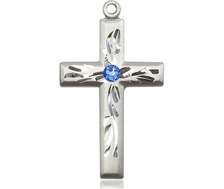 Sterling Silver Cross Pendant with a 3mm Sapphire Swarovski stone on an 18-inch Sterling Silver Light Curb Chain