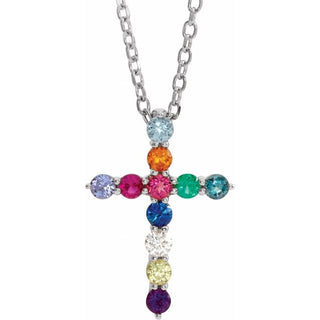 14K White Natural Multi-Gemstone & .03 CT Natural Diamond Cross 16-18" Necklace