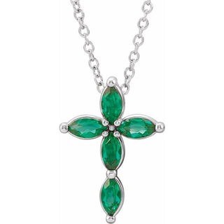 14K White Natural Emerald Cross 16-18" Necklace