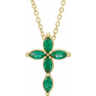 14K Yellow Lab-Grown Emerald Cross 16-18" Necklace
