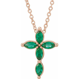14K Rose Lab-Grown Emerald Cross 16-18" Necklace