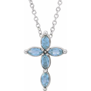 Platinum Natural Aquamarine Cross 16-18" Necklace