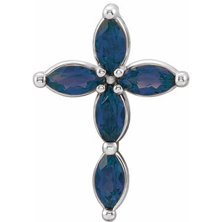 14K White Natural Blue Sapphire Cross Pendant