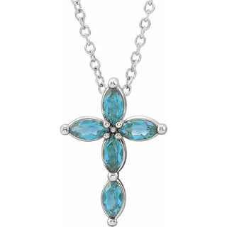 14K White Natural Blue Zircon Cross 16-18" Necklace