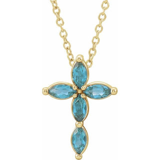 14K Yellow Natural Blue Zircon Cross 16-18" Necklace