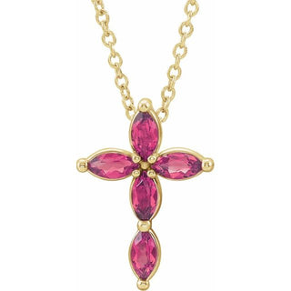 14K Yellow Natural Pink Tourmaline Cross 16-18" Necklace
