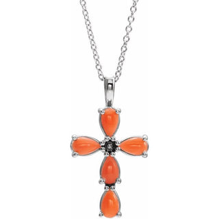Platinum Natural Pink Coral Cabochon Cross 16-18" Necklace