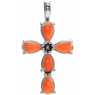 14K White Natural Pink Coral Cabochon Cross Pendant
