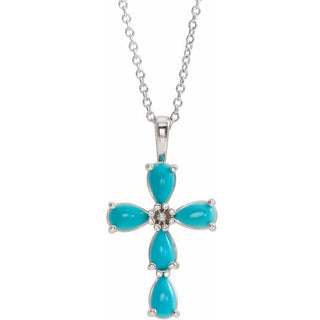 14K White Natural Turquoise Cabochon Cross 16-18" Necklace