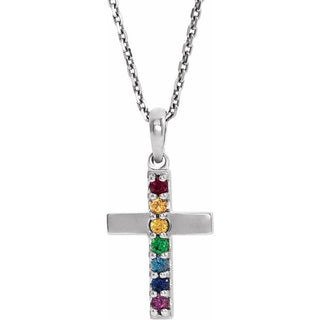 Sterling Silver Natural Multi-Gemstone Cross 16-18" Necklace