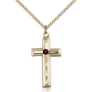 14kt Gold Filled Cross Pendant with a 3mm Garnet Swarovski stone on an 18-inch Gold Filled Light Curb Chain Engraved Catholic Saint Jewelry