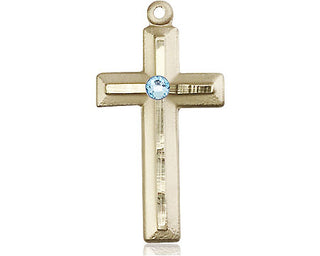 14kt Gold Filled Cross Pendant with a 3mm Aqua Swarovski stone on an 18-inch Gold Filled Light Curb Chain Engraved Catholic Saint Jewelry