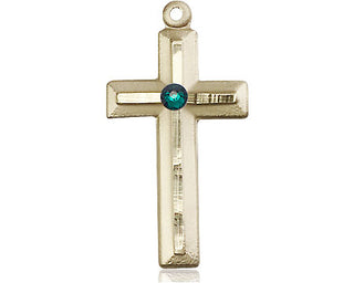 14kt Gold Filled Cross Pendant with a 3mm Emerald Swarovski stone on an 18-inch Gold Filled Light Curb Chain Engraved Catholic Saint Jewelry
