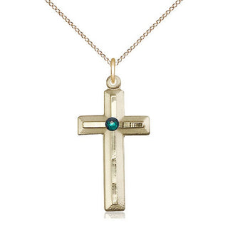 14kt Gold Filled Cross | 3mm Emerald Swarovski stone | 18-inch Gold Filled Chain | Engravable