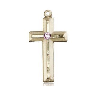 14kt Gold Filled Cross Pendant with a 3mm Light Amethyst Swarovski stone on an 18-inch Gold Filled Light Curb Chain Engraved Catholic Saint Jewelry