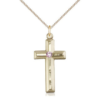 14kt Gold Filled Cross | 3mm Light Amethyst Swarovski stone | 18-inch Gold Filled Chain | Engravable