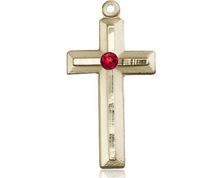 14kt Gold Filled Cross Pendant with a 3mm Ruby Swarovski stone on an 18-inch Gold Filled Light Curb Chain Engraved Catholic Saint Jewelry